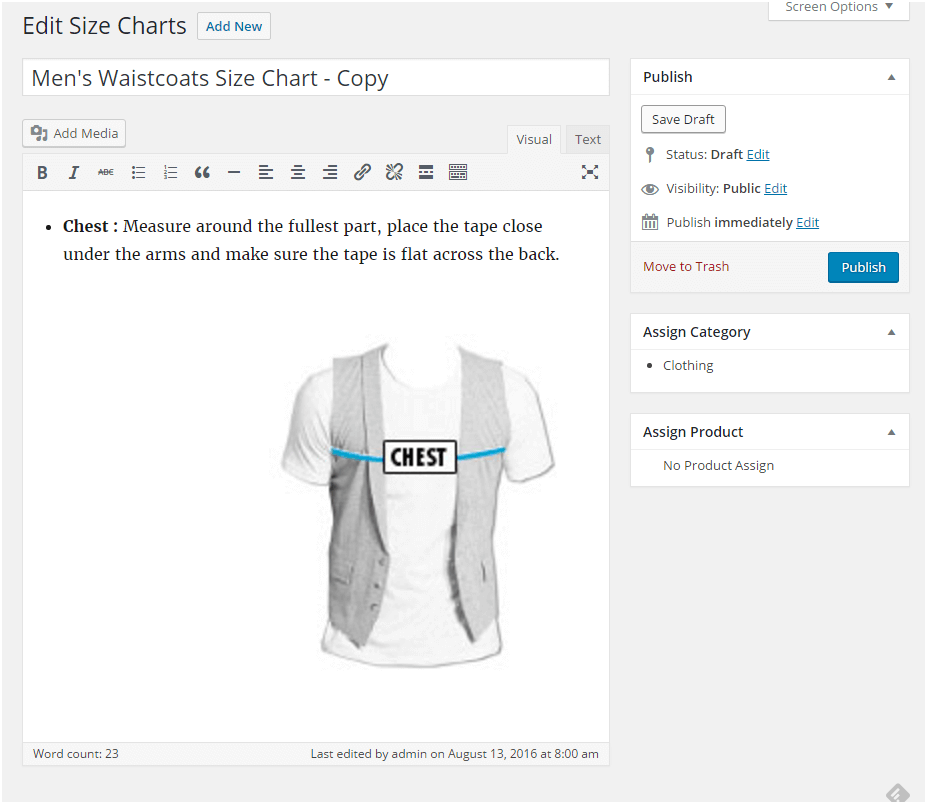 How to create a WooCommerce size chart? 3 Figure 3:- Adding title and description to your WC Size Chart related product