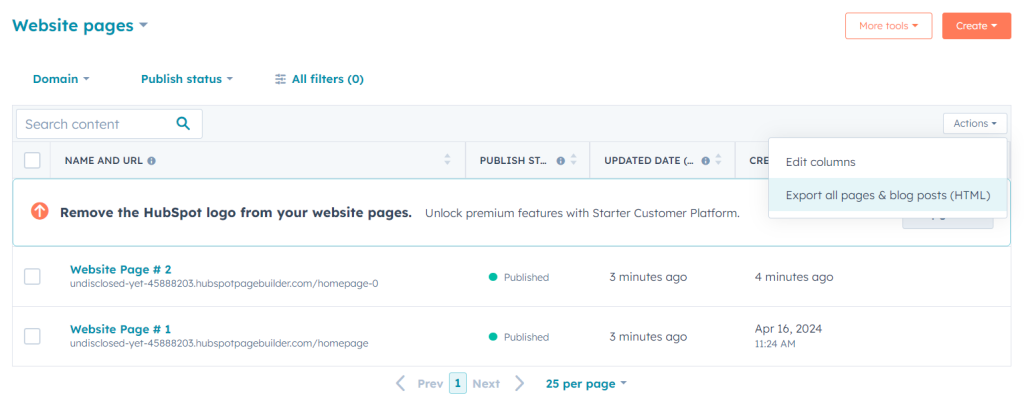 Hubspot all pages