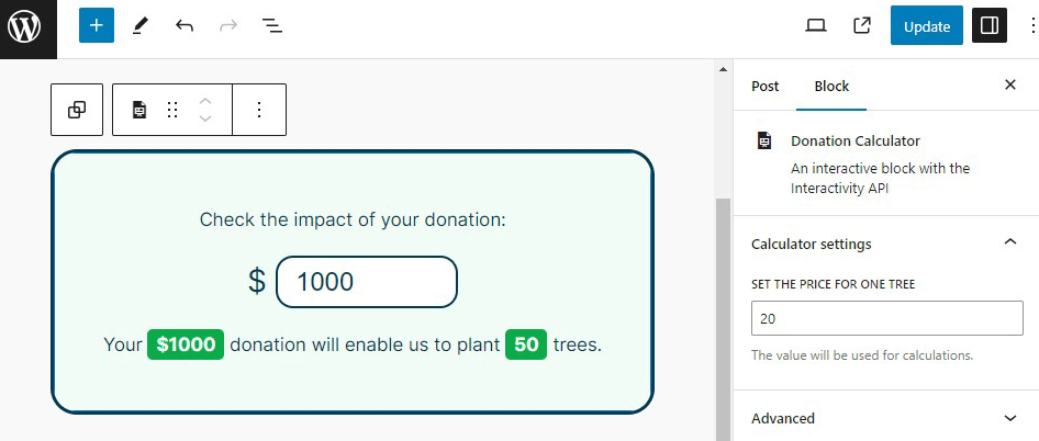 A donation calculator powered by Interactivity API