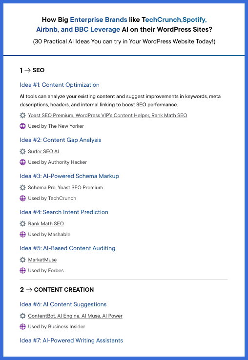 30 Examples of How Big Brands like TechCrunch, Spotify, Airbnb, and BBC use AI on their WordPress Websites! 