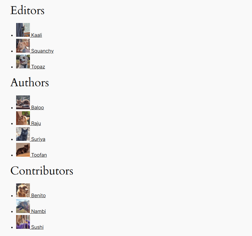 Checking the dynamic block’s render on the site frontend, showing many users listed under various User Role headings. The users include an avatar and a name. 